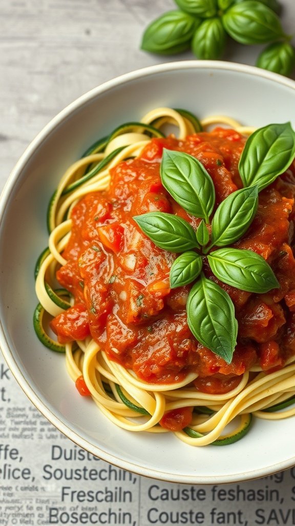 A bowl of zucchini noodles topped with tomato basil sauce and fresh basil leaves.